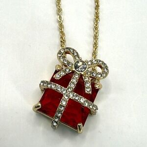 Vintage Gold Tone Red Crystal Gift Box Pendant Necklace